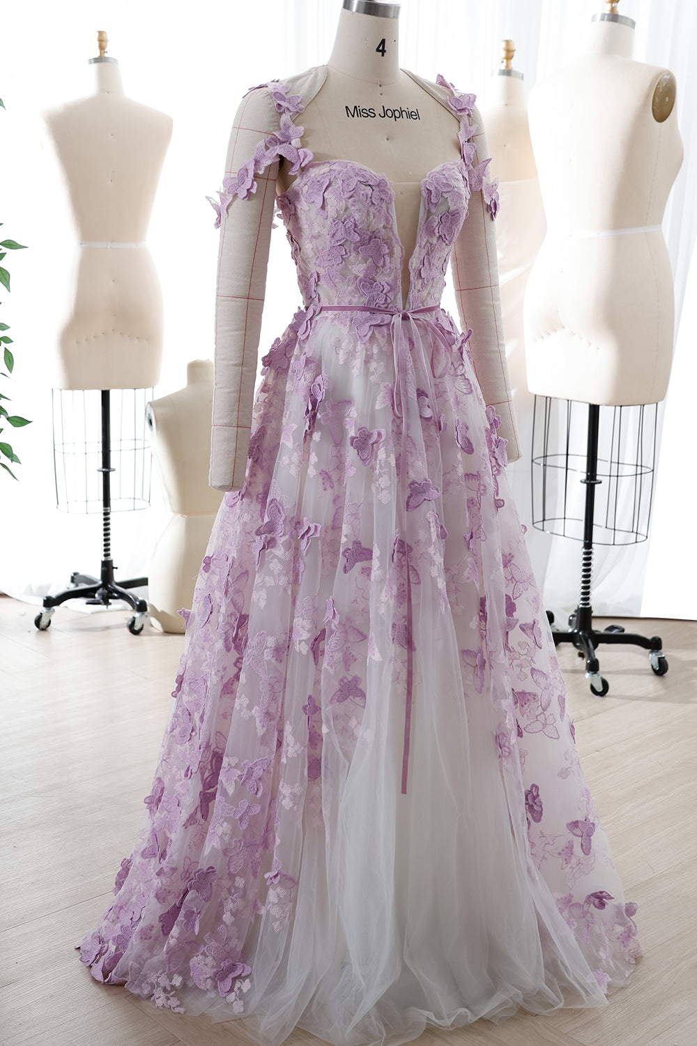 Corset Butterfly Tulle Long Dress with Removable Off the Shoulder