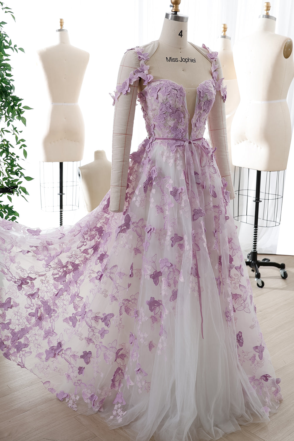 Corset Butterfly Tulle Long Dress with Removable Off the Shoulder