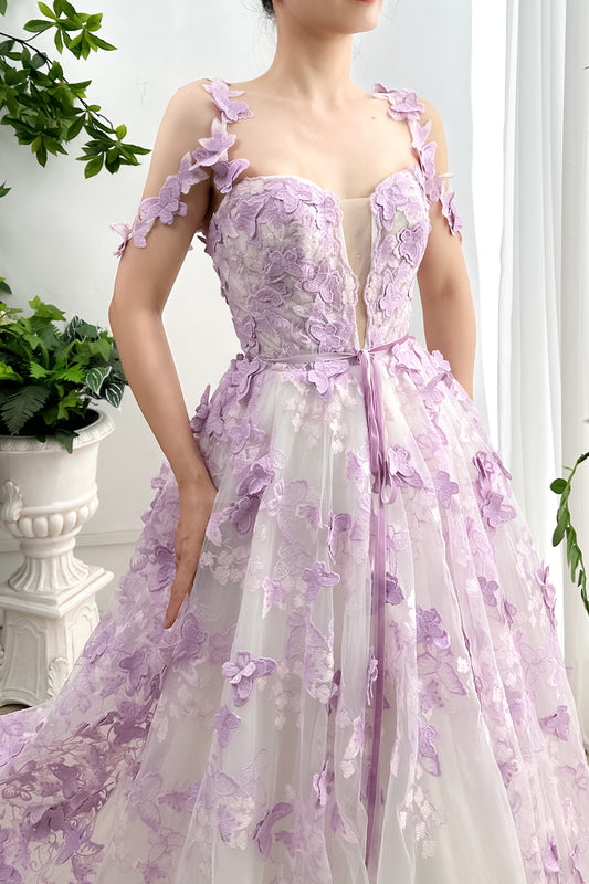 Corset Butterfly Tulle Long Dress with Removable Off the Shoulder