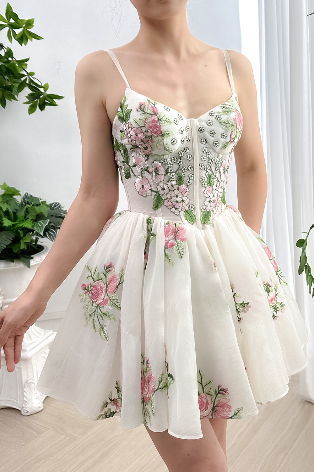 Spaghetti Straps V Neck Corset Mini Floral Dress