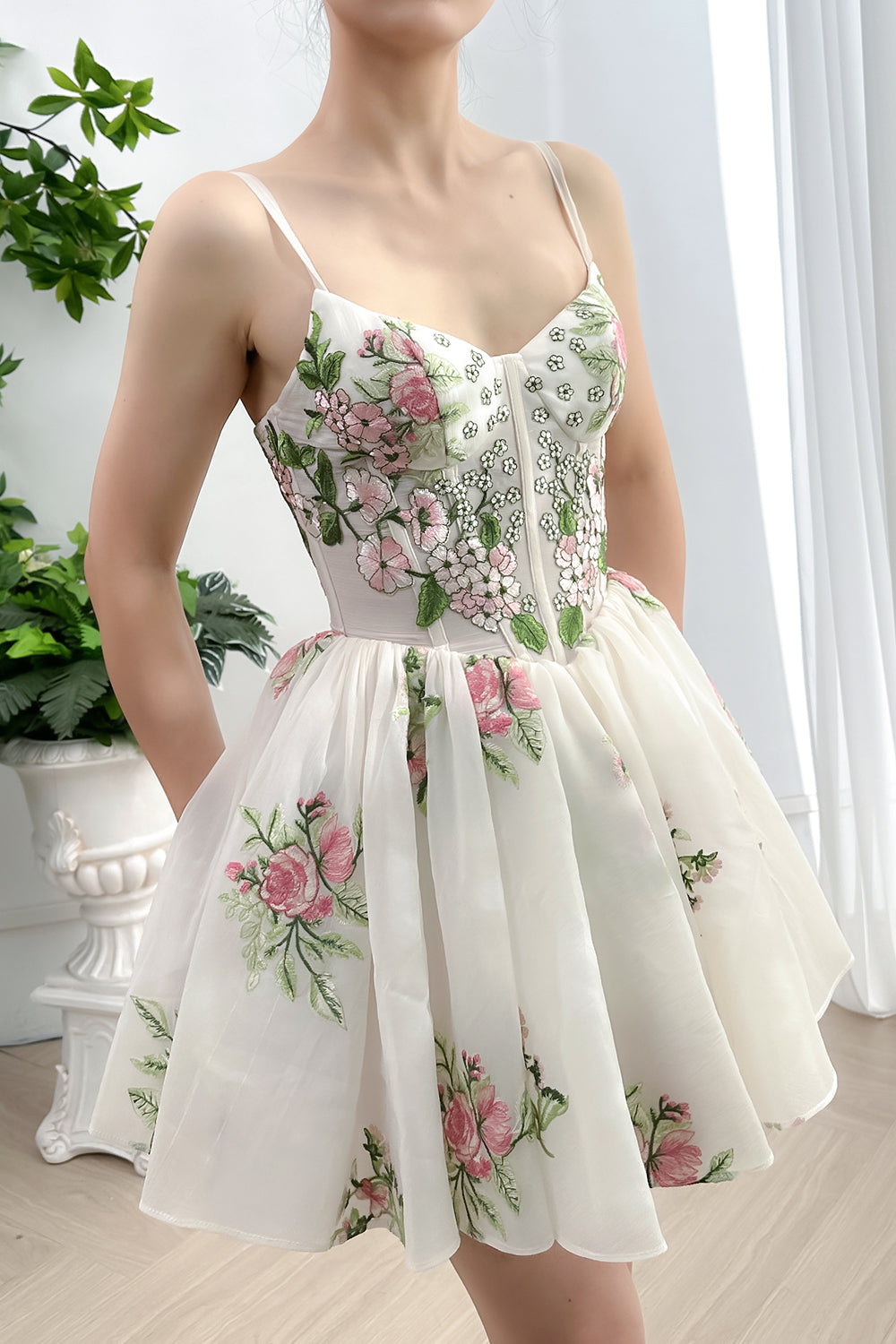 Spaghetti Straps V Neck Corset Mini Floral Dress