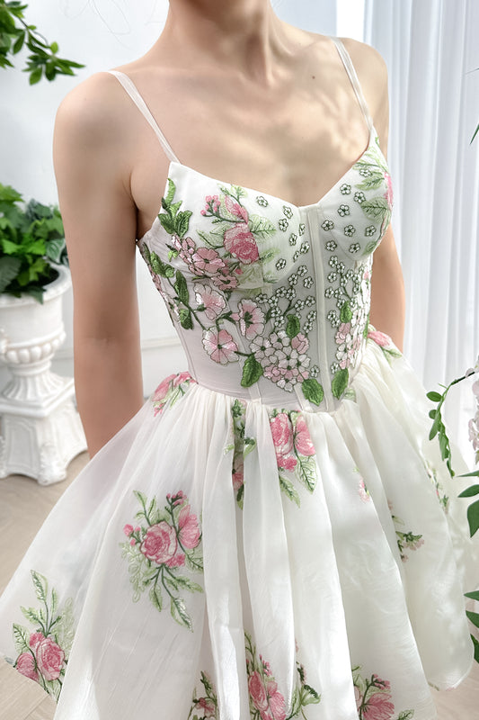 Spaghetti Straps V Neck Corset Mini Floral Dress