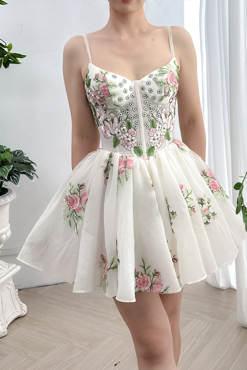 Spaghetti Straps V Neck Corset Mini Floral Dress