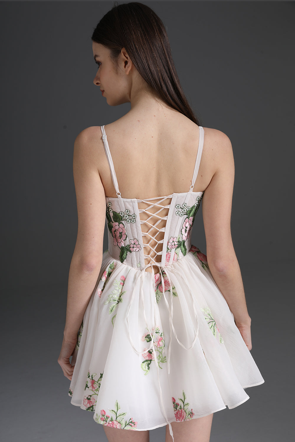 MissJophiel Spaghetti Straps V Neck Corset Mini Floral Dress Ivory/ Floral / Tea Length / US10 MissJophiel Spaghetti Straps V Neck Corset Mini Floral Dress Ivory/ Floral / Tea Length / US10