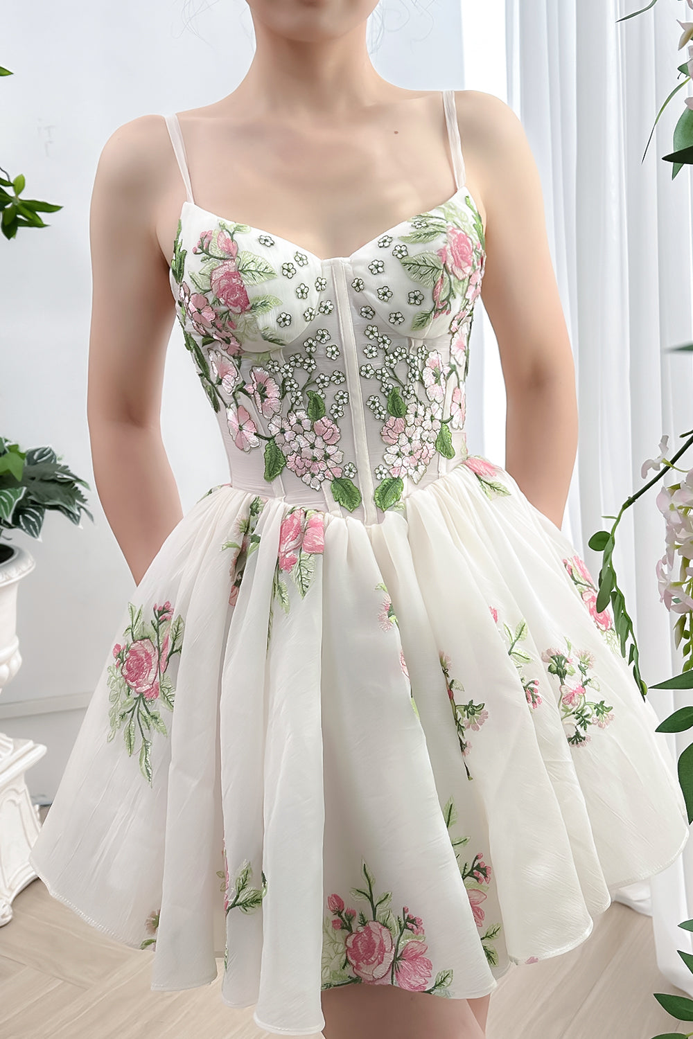 Spaghetti Straps V Neck Corset Mini Floral Dress