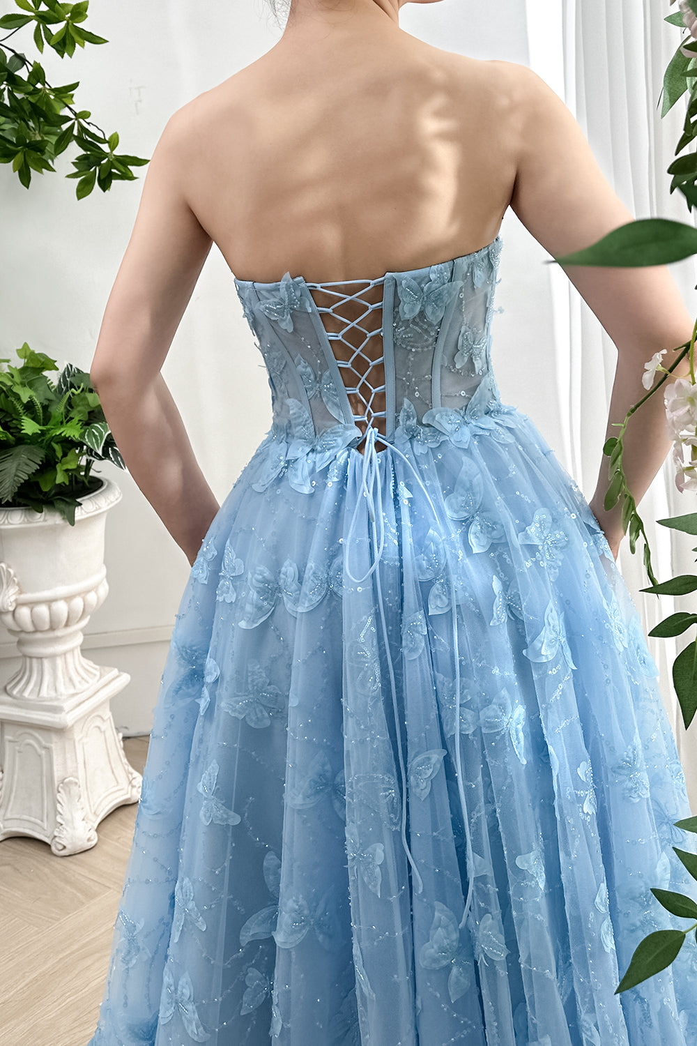 Strapless Corset Butterfly Tulle Midi Dress