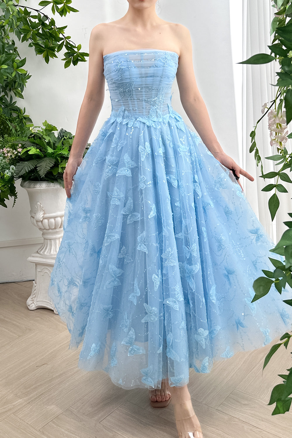 Strapless Corset Butterfly Tulle Midi Dress