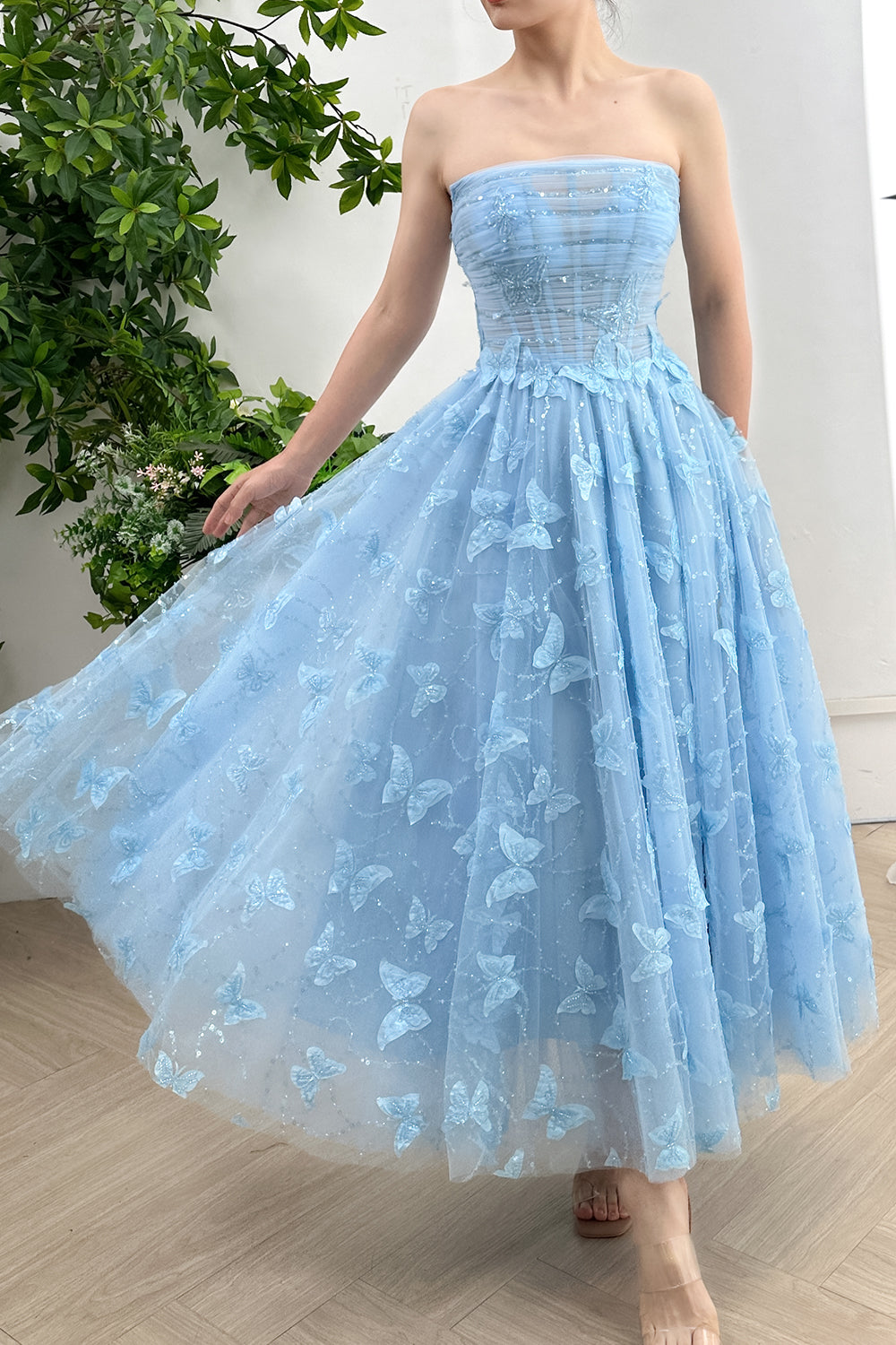 Strapless Corset Butterfly Tulle Midi Dress