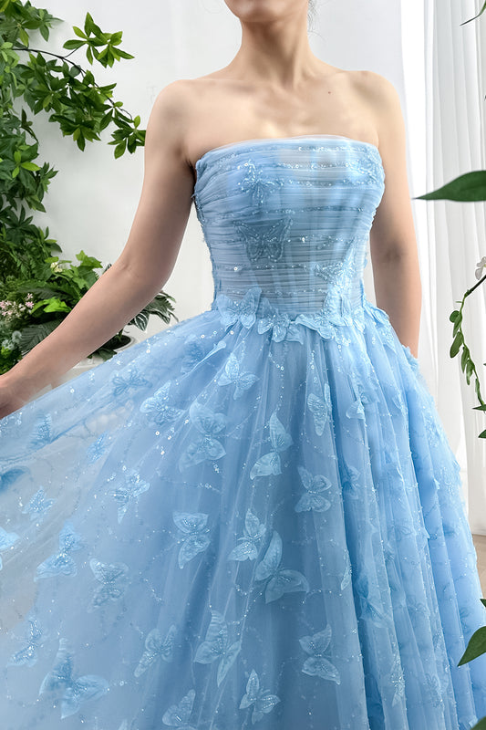 Strapless Corset Butterfly Tulle Midi Dress