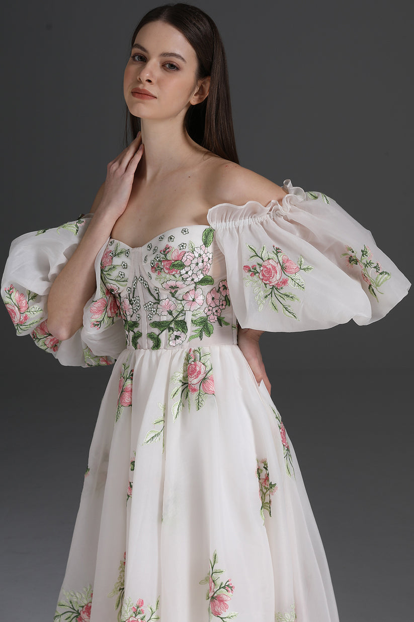 Corset Off the Shoulder Floral Embroidery Tiered Dress main image 0