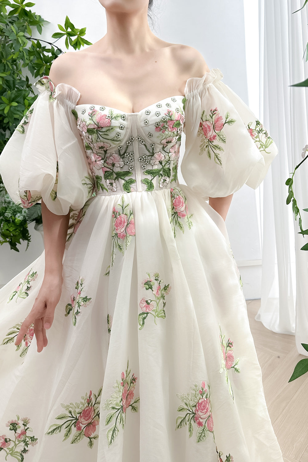 Corset Off the Shoulder Floral Embroidery Organza Dress