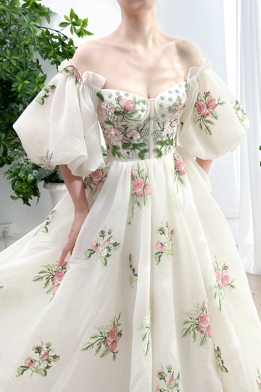 Corset Off the Shoulder Floral Embroidery Organza Dress