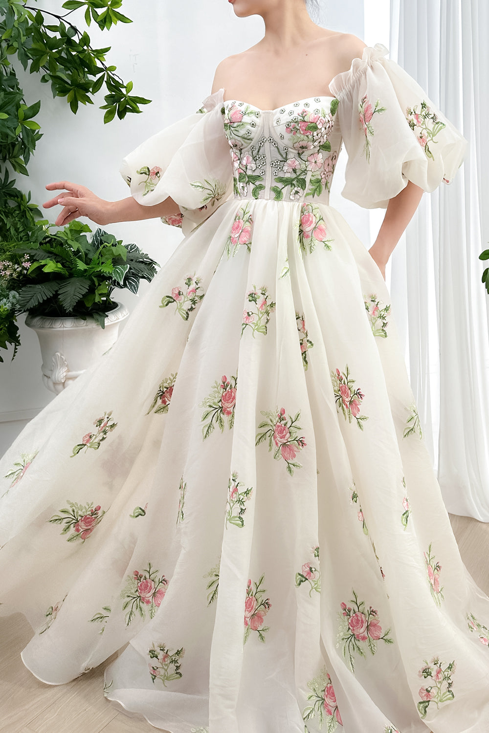 Corset Off the Shoulder Floral Embroidery Organza Dress