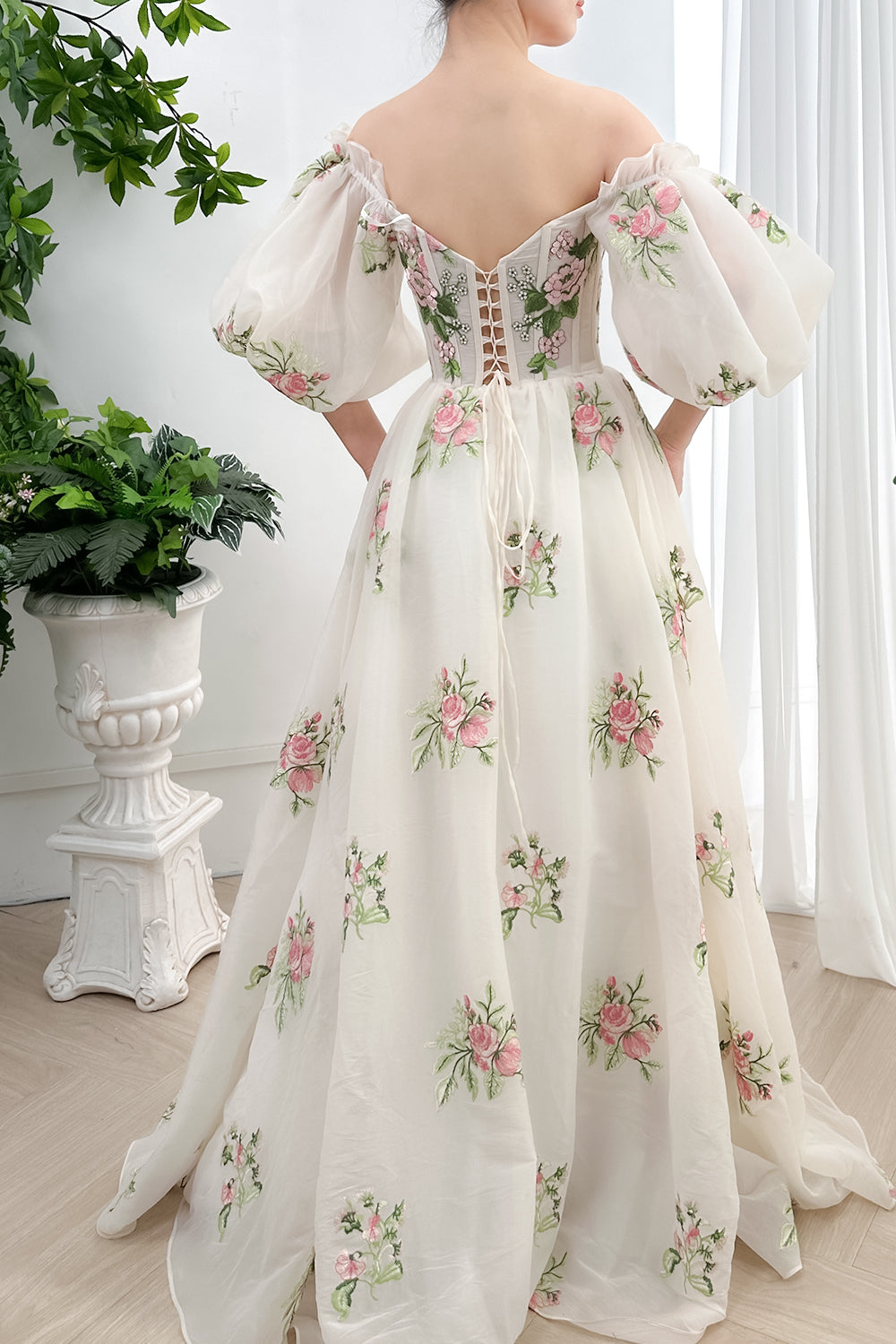 Corset Off the Shoulder Floral Embroidery Organza Dress