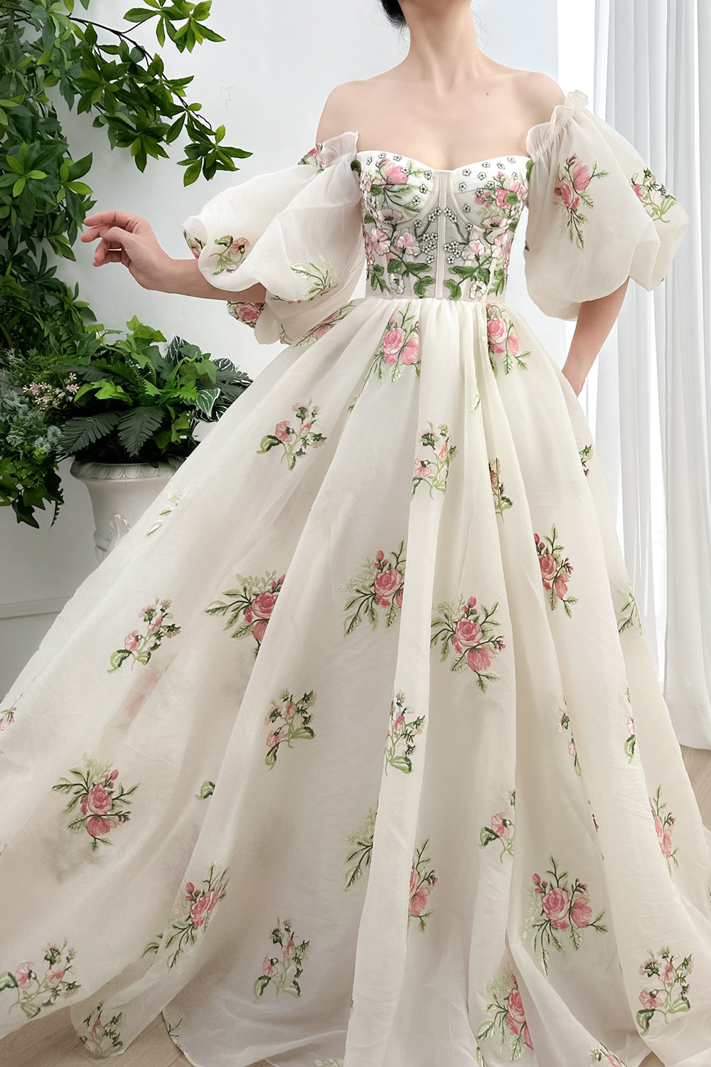 Corset Off the Shoulder Floral Embroidery Organza Dress