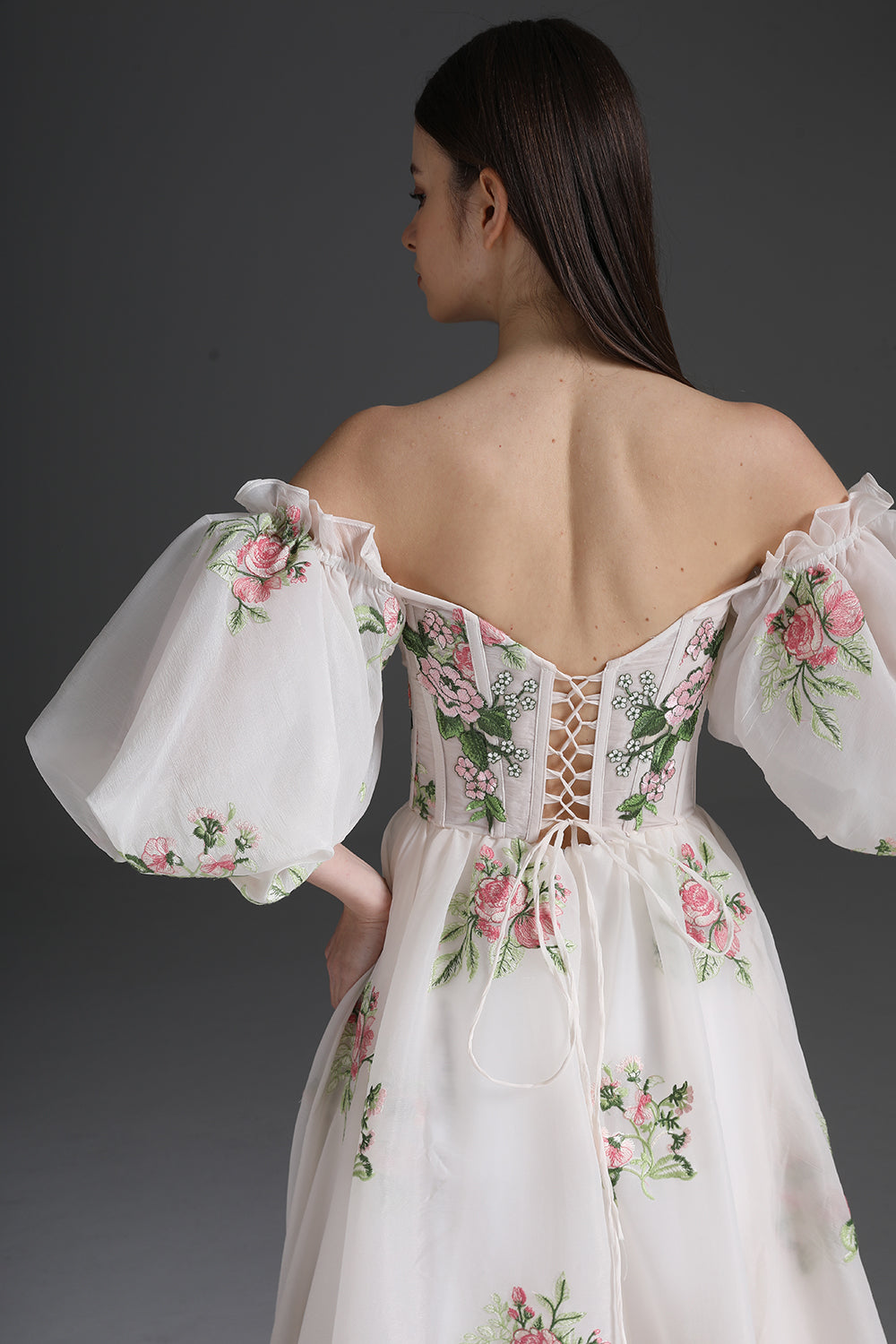organza dress with allover floral embroidery MissJophiel Corset Off the Shoulder Floral Embroidery Organza Dress Ivory Floral / Floor Length / US16