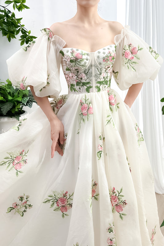 Corset Off the Shoulder Floral Embroidery Organza Dress