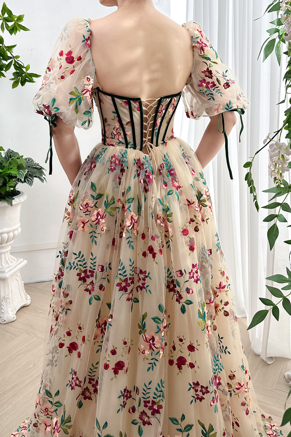 MissJophiel Corset Floral Embroidery Tulle Dress with Slit & Removable Sleeves