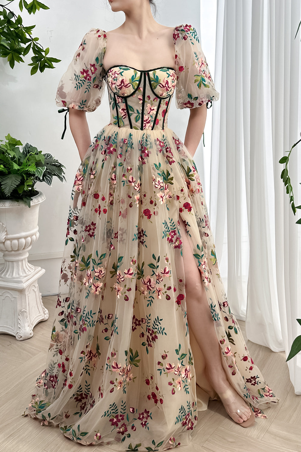 Corset Floral Embroidery Tulle Dress with Slit & Removable Sleeves