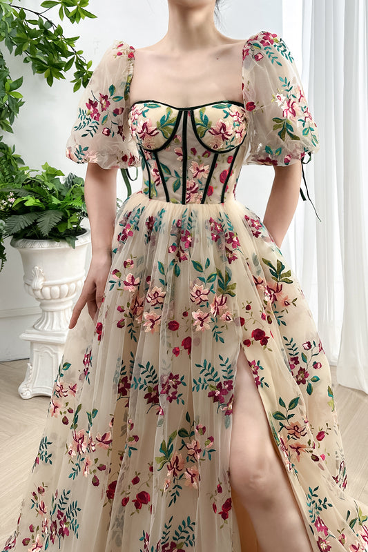 Corset Floral Embroidery Tulle Dress with Slit & Removable Sleeves