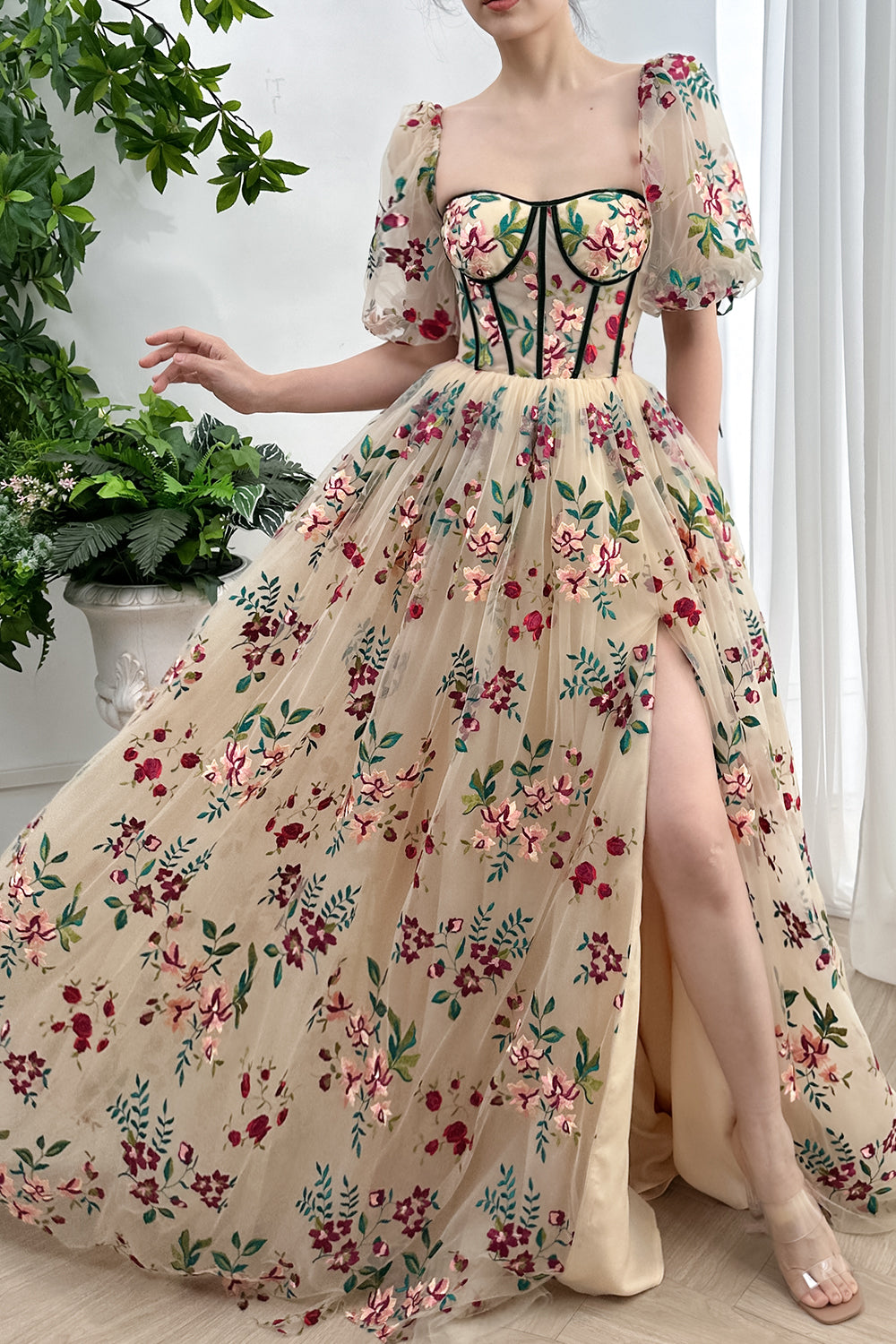 Corset Floral Embroidery Tulle Dress with Slit & Removable Sleeves