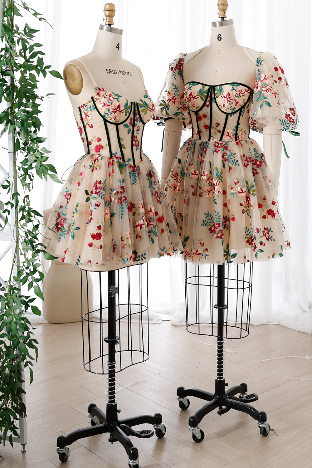 Corset V Neck Floral Embroidery Mini Dress