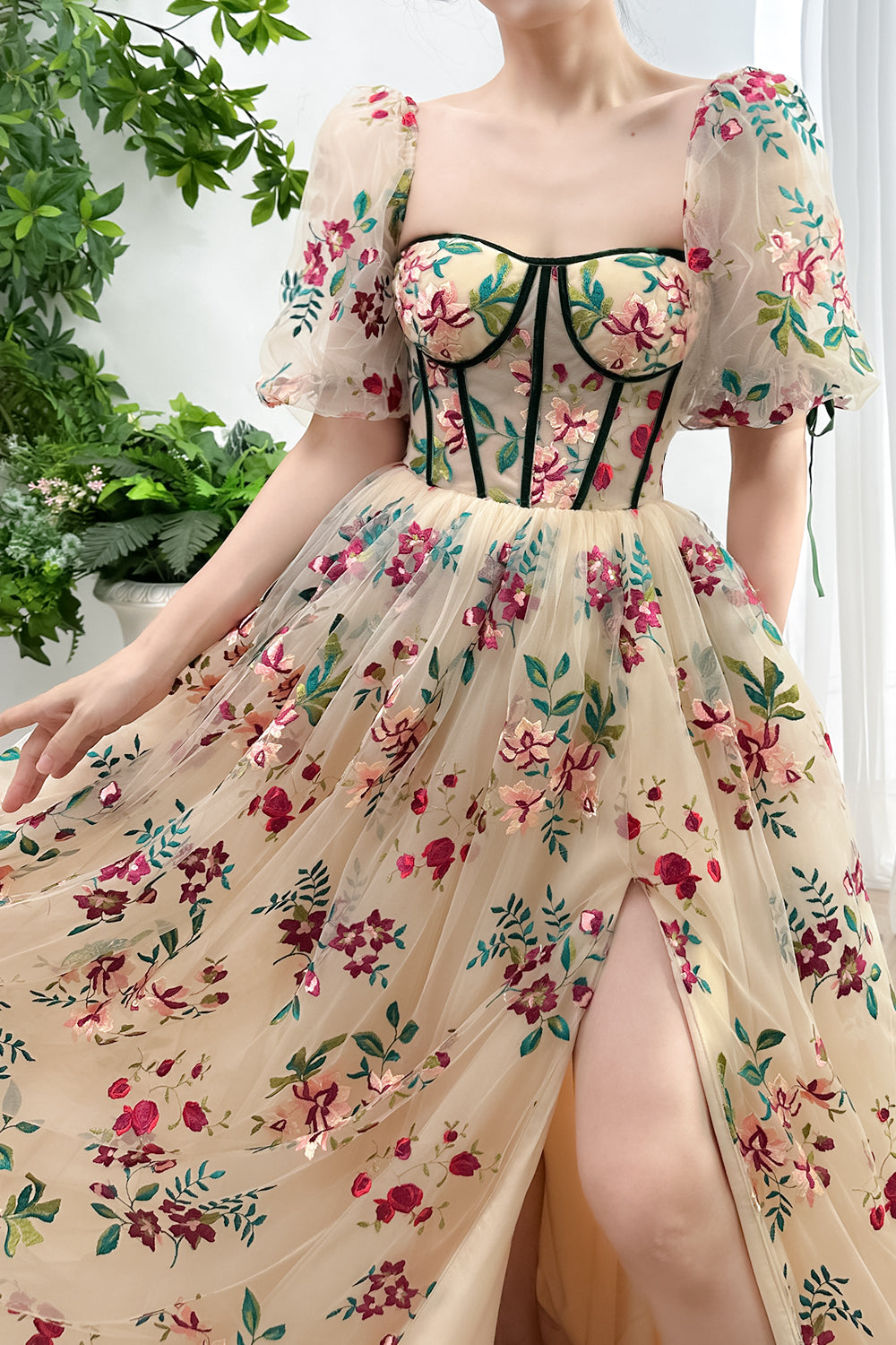 MissJophiel Corset Floral Embroidery Tulle Dress with Slit & Removable Sleeves