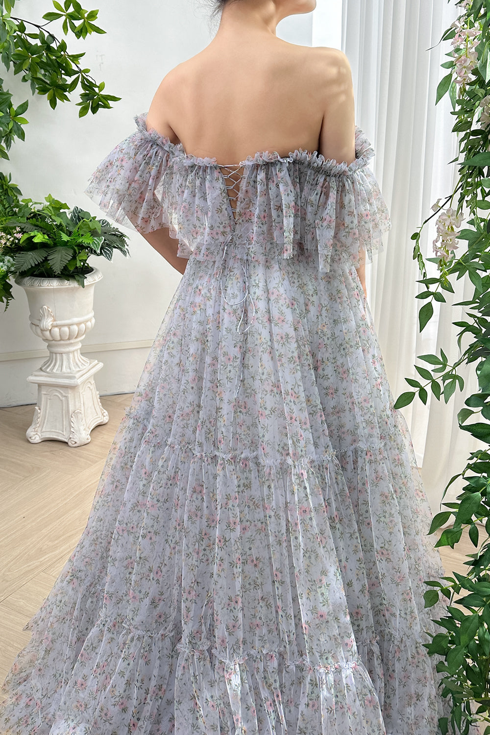 MissJophiel Corset Off the Shoulder Floral Print Tulle Tiered Dress