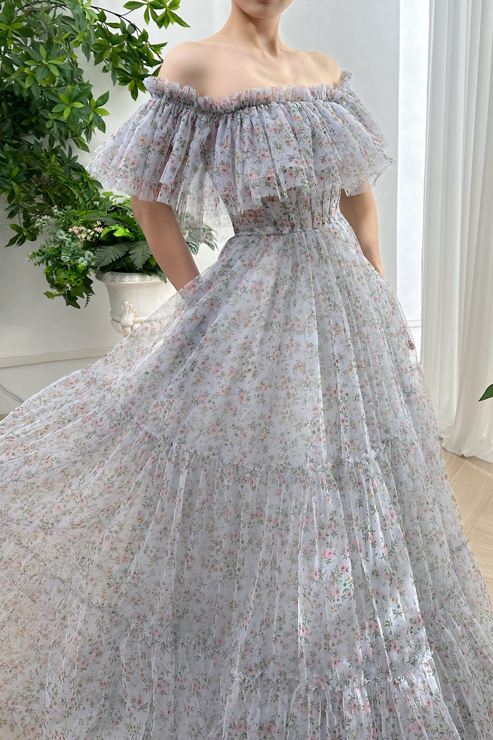 Corset Off the Shoulder Floral Print Tulle Tiered Dress