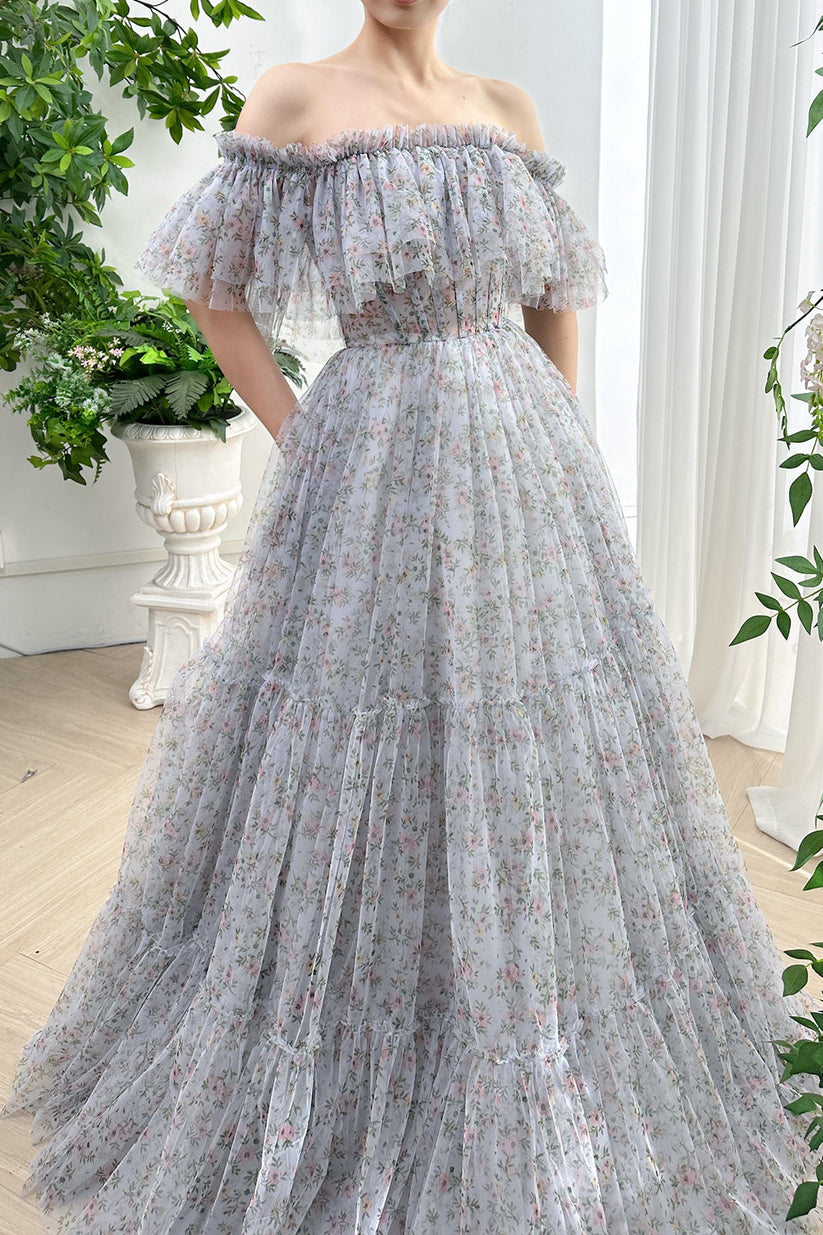 Off the Shoulder Floral Printed Tiered Ball Dress with Pleated