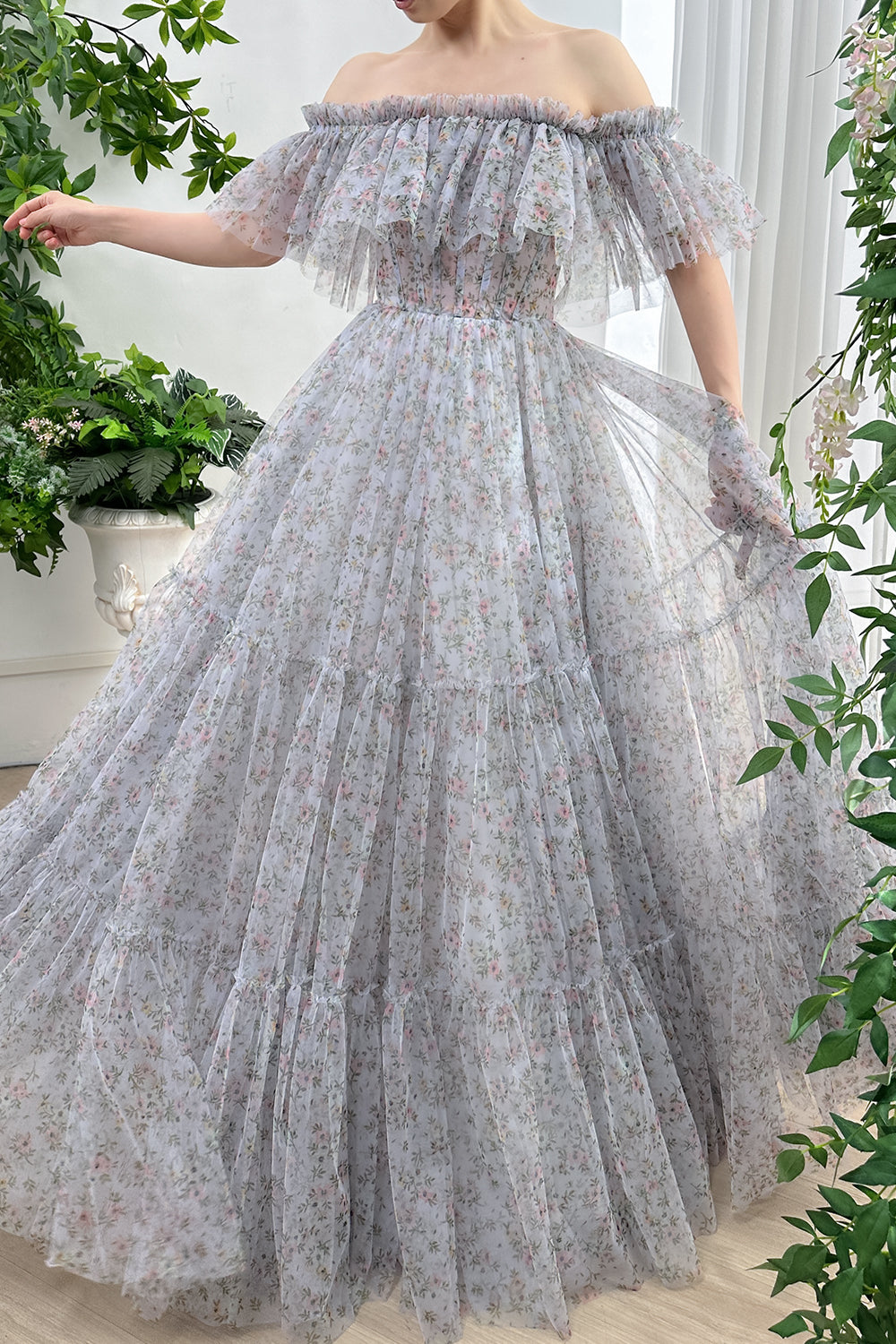 Corset Off the Shoulder Floral Print Tulle Tiered Dress