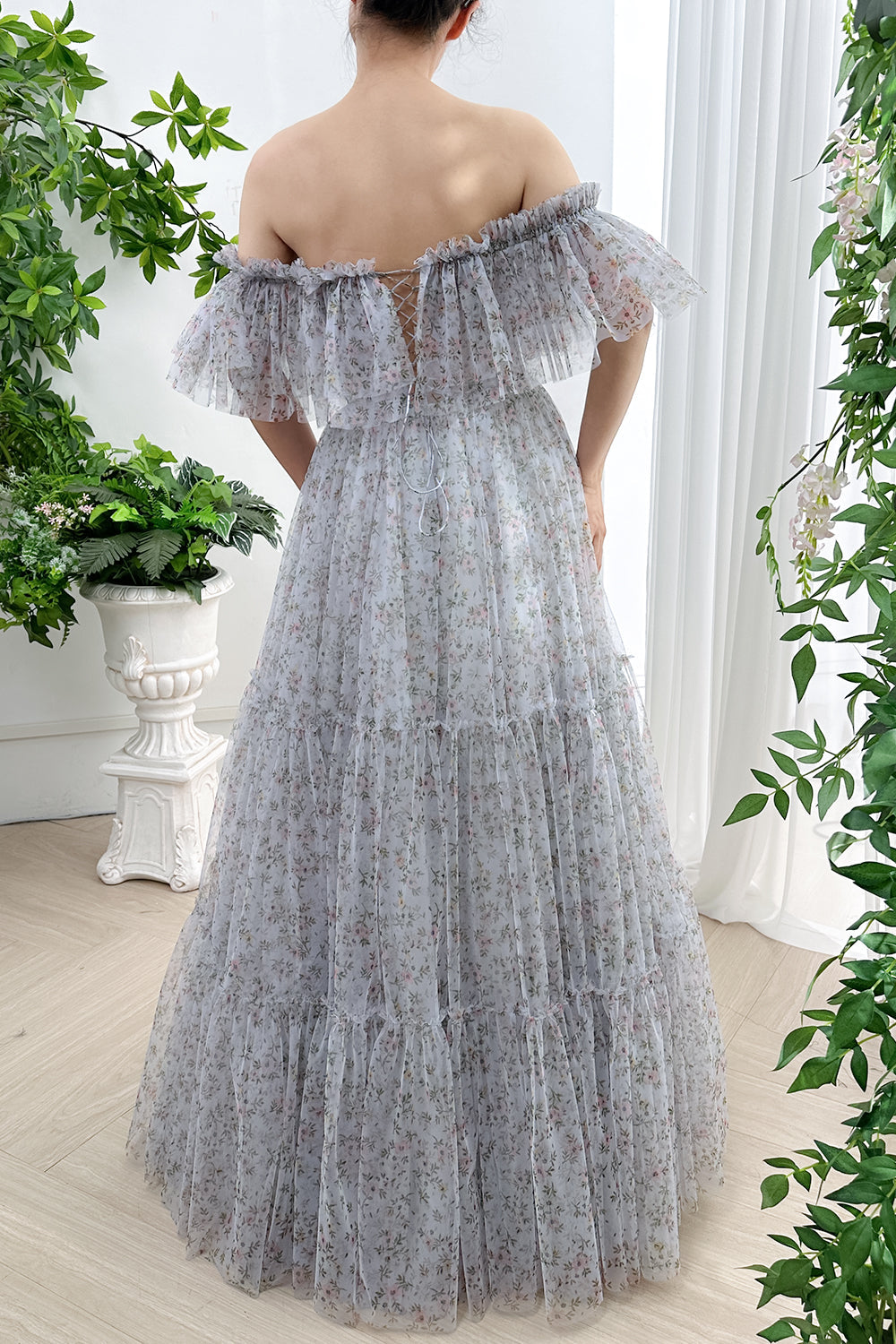 Corset Off the Shoulder Floral Print Tulle Tiered Dress