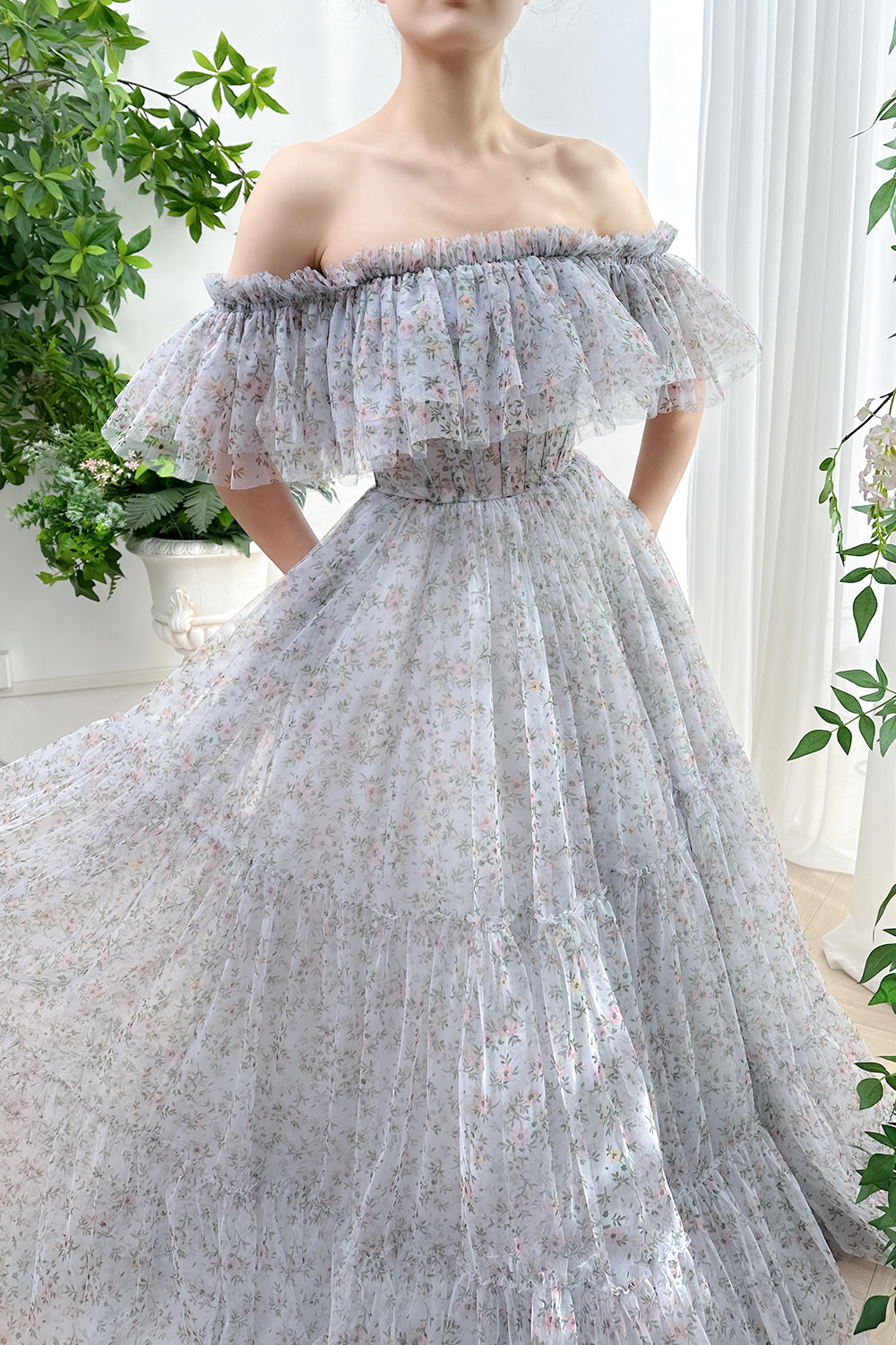 Corset Off the Shoulder Floral Print Tulle Tiered Dress