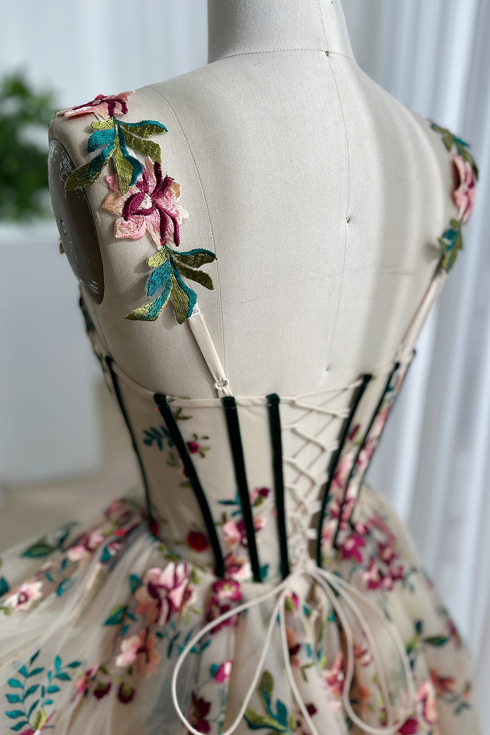 Corset V Neck Floral Embroidery Mini Dress