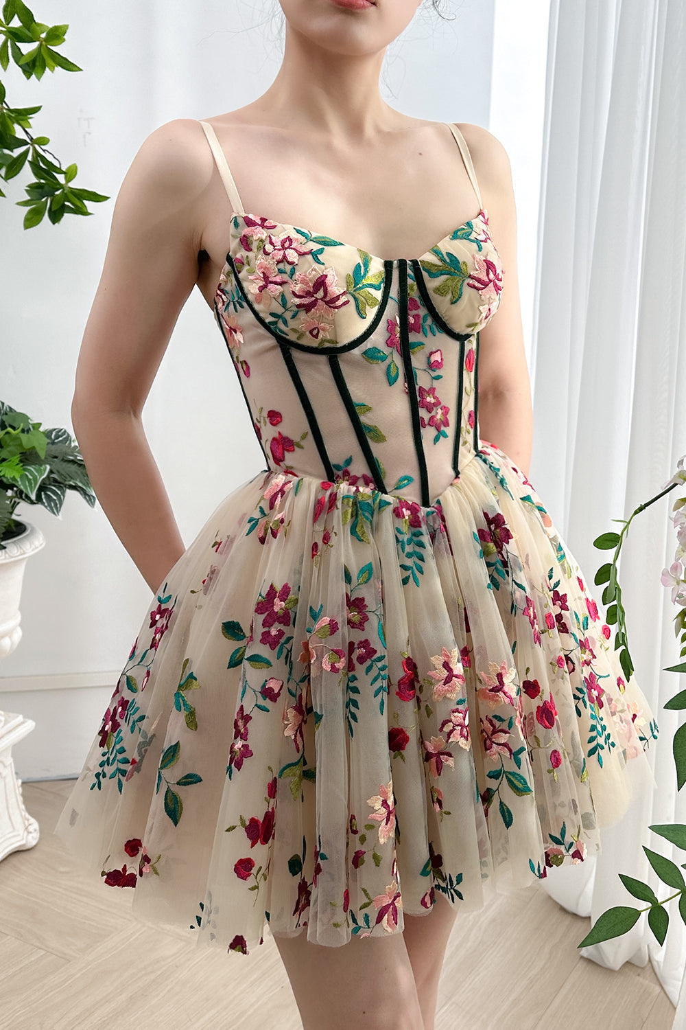 MissJophiel Corset V Neck Floral Embroidery Mini Dress