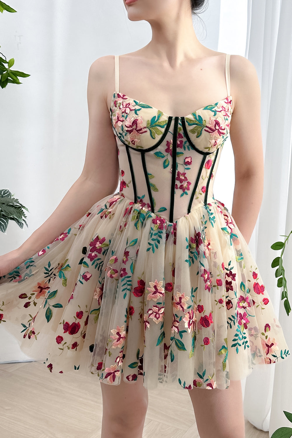 Corset V Neck Floral Embroidery Mini Dress