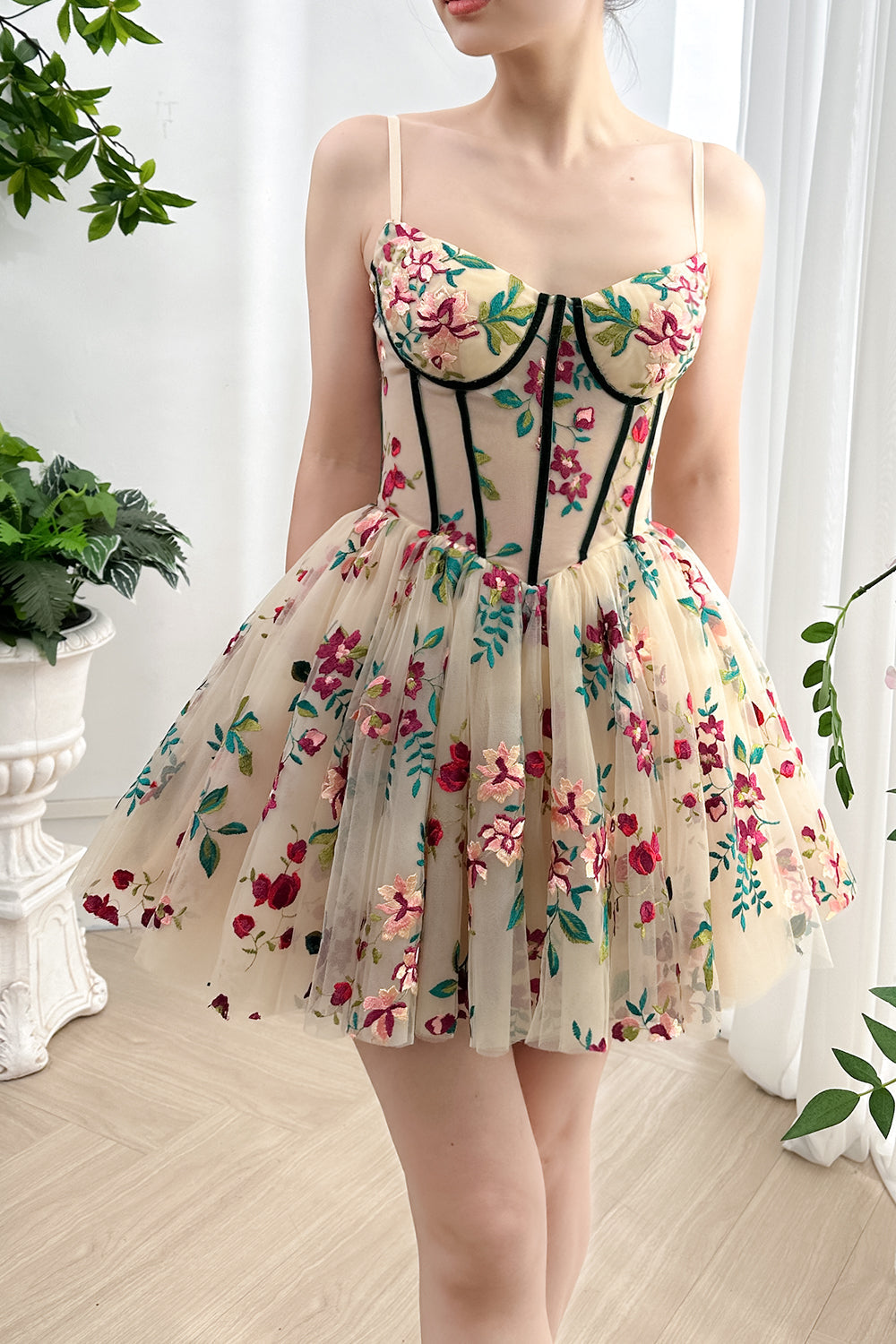 Corset V Neck Floral Embroidery Mini Dress