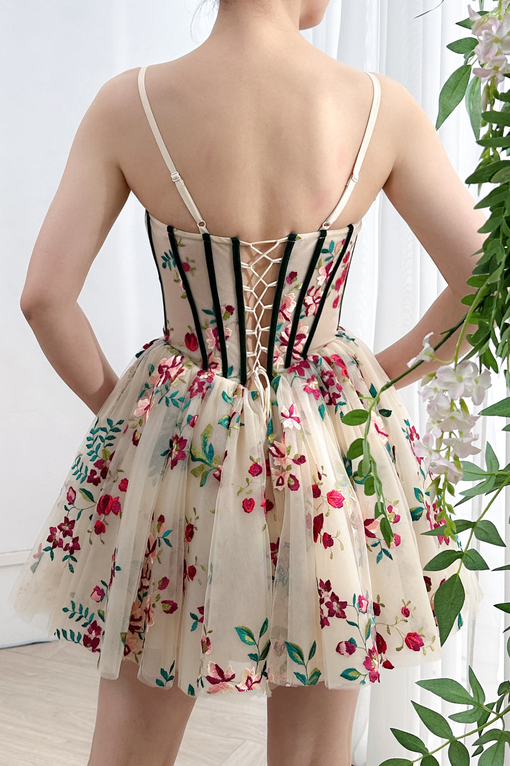 Corset V Neck Floral Embroidery Mini Dress