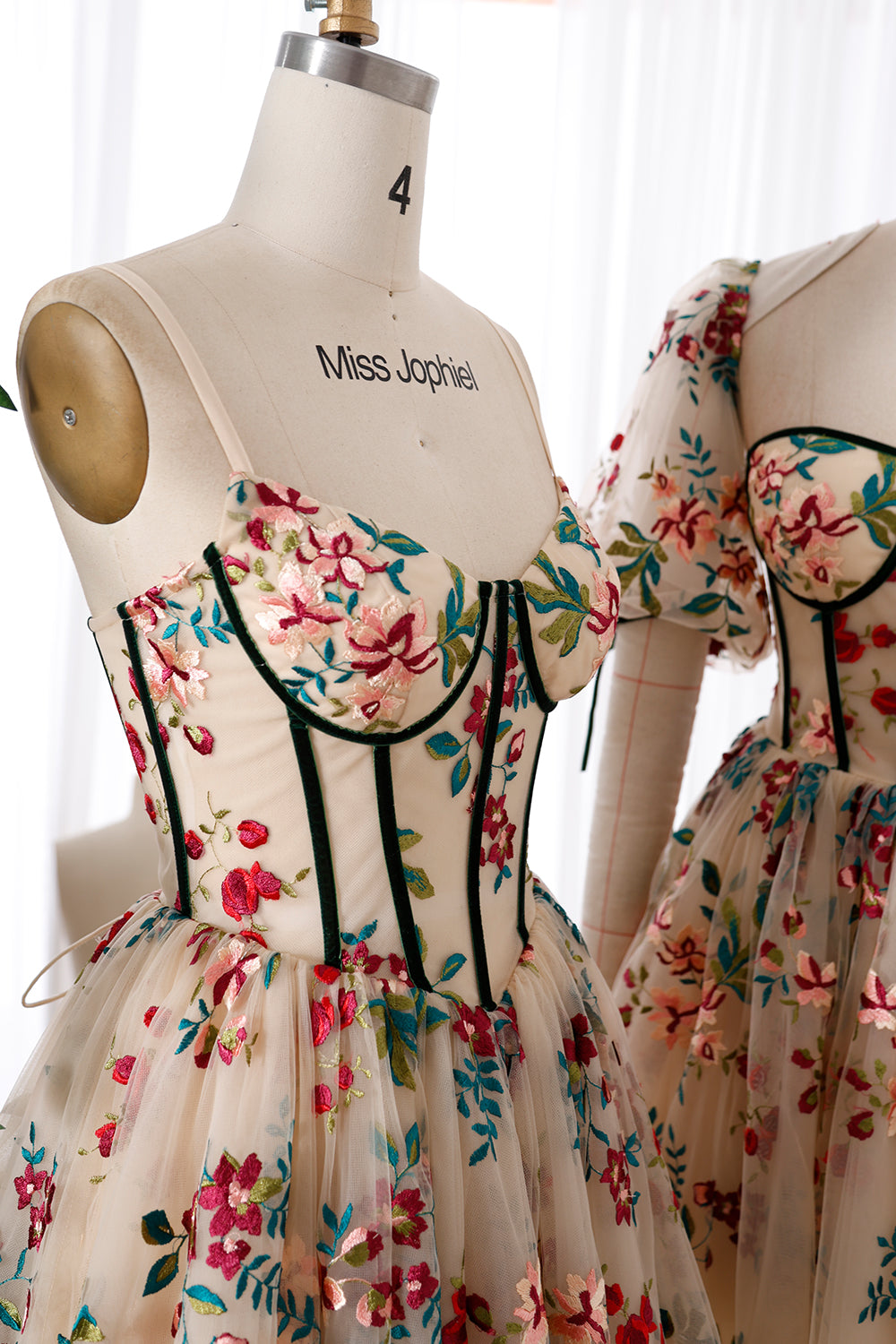 Corset V Neck Floral Embroidery Mini Dress