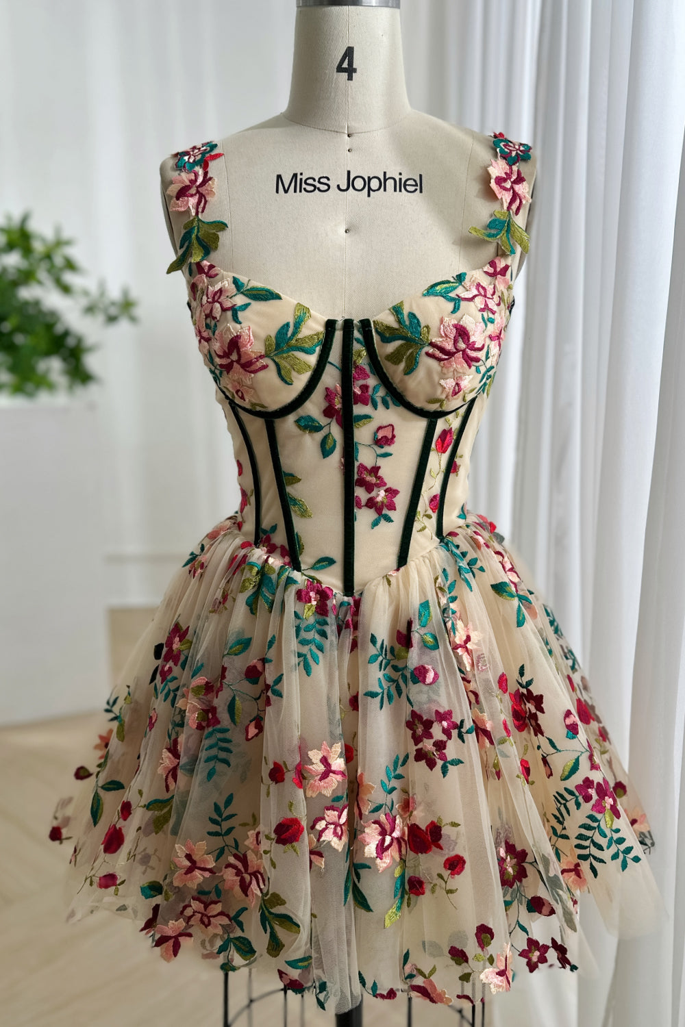 Corset V Neck Floral Embroidery Mini Dress