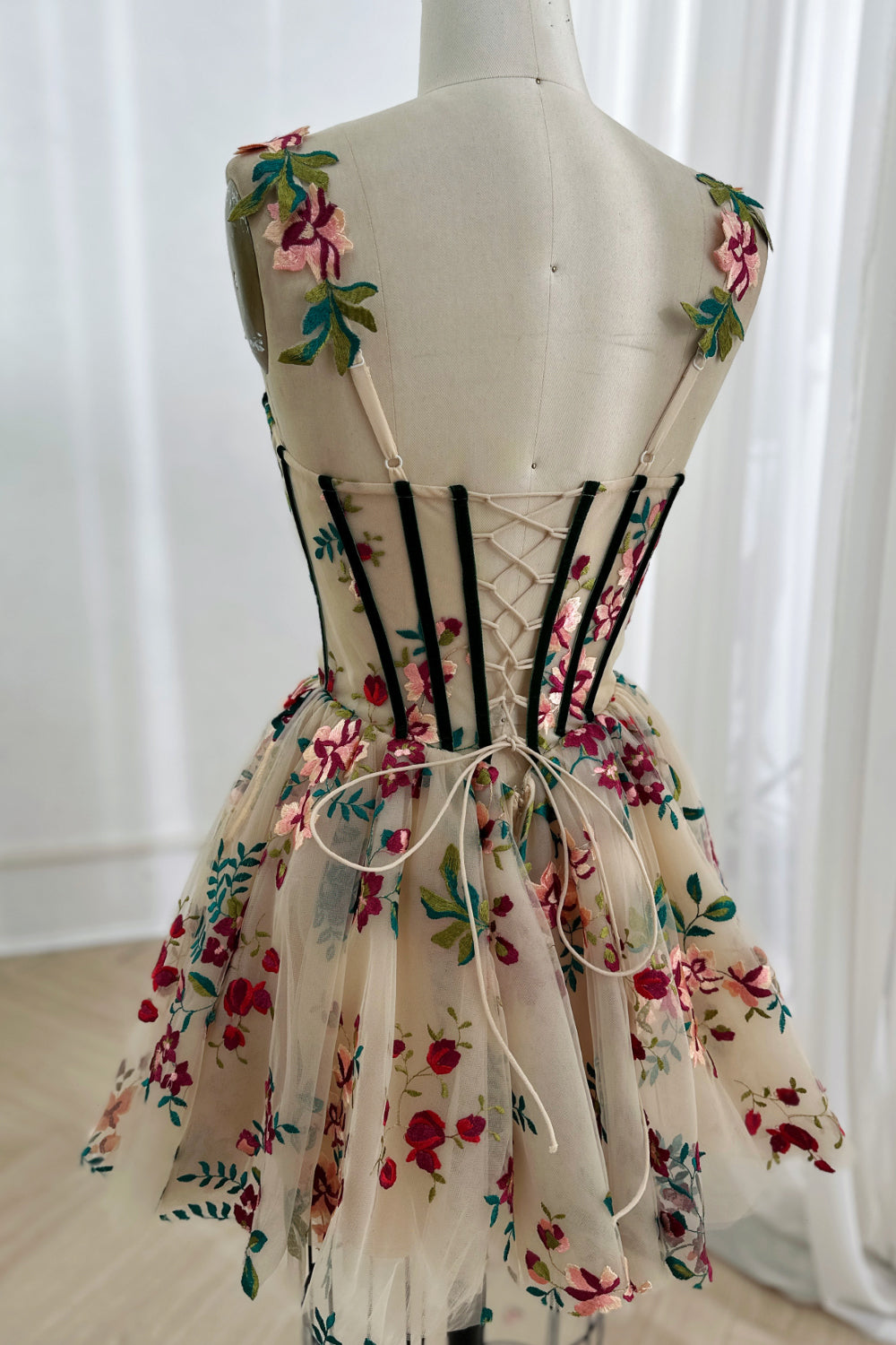 Corset V Neck Floral Embroidery Mini Dress
