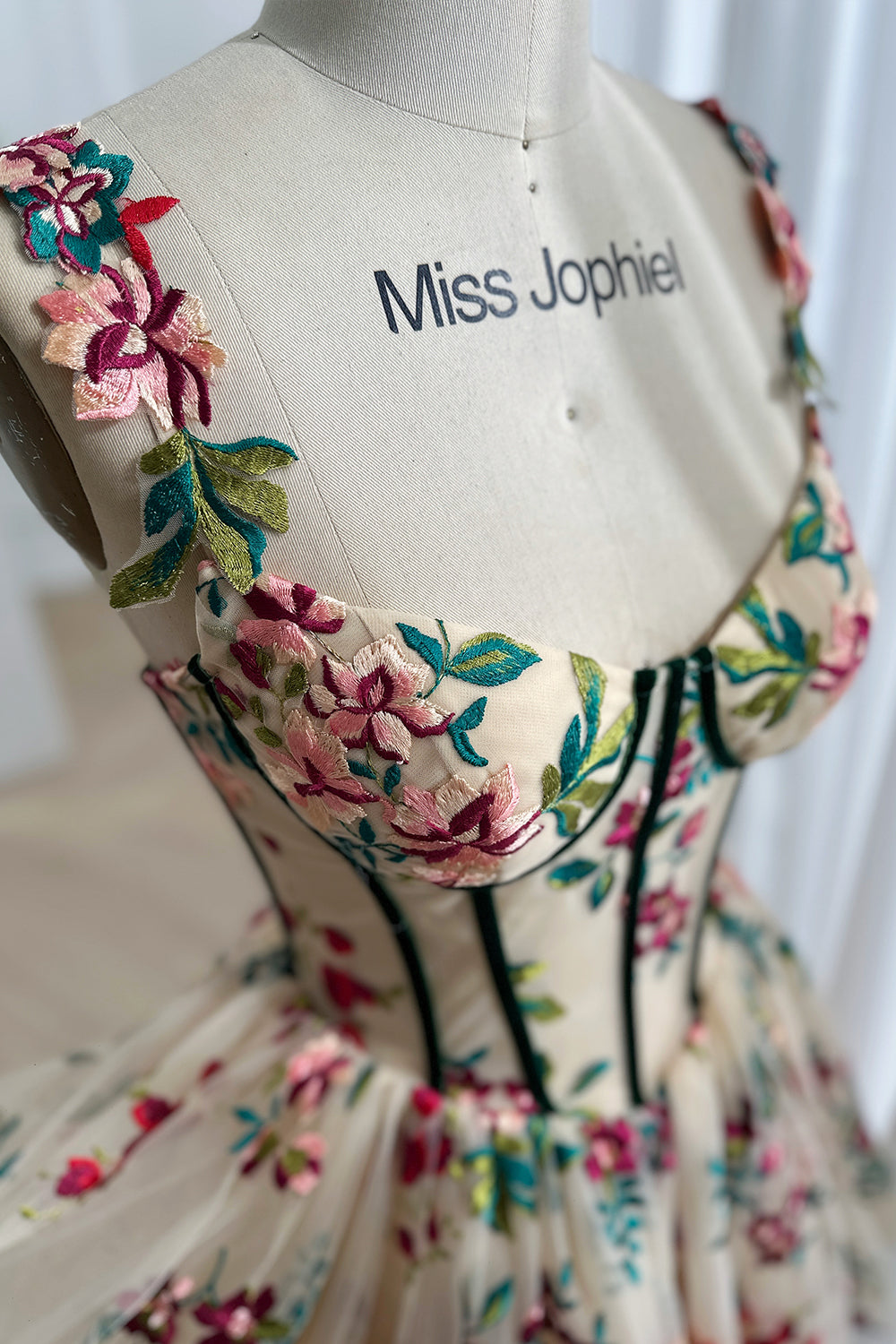 Corset V Neck Floral Embroidery Mini Dress