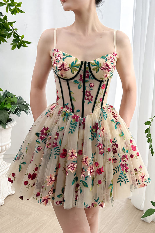 MissJophiel Corset V Neck Floral Embroidery Mini Dress