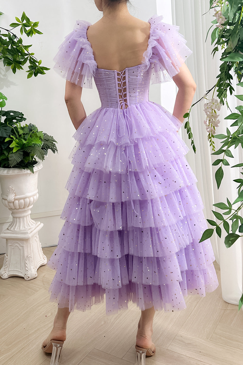 Corset Straps Tiered Star Tulle Lavender Midi Dress