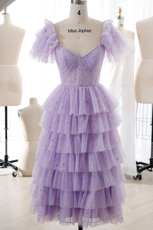 Corset Straps Tiered Star Tulle Lavender Midi Dress