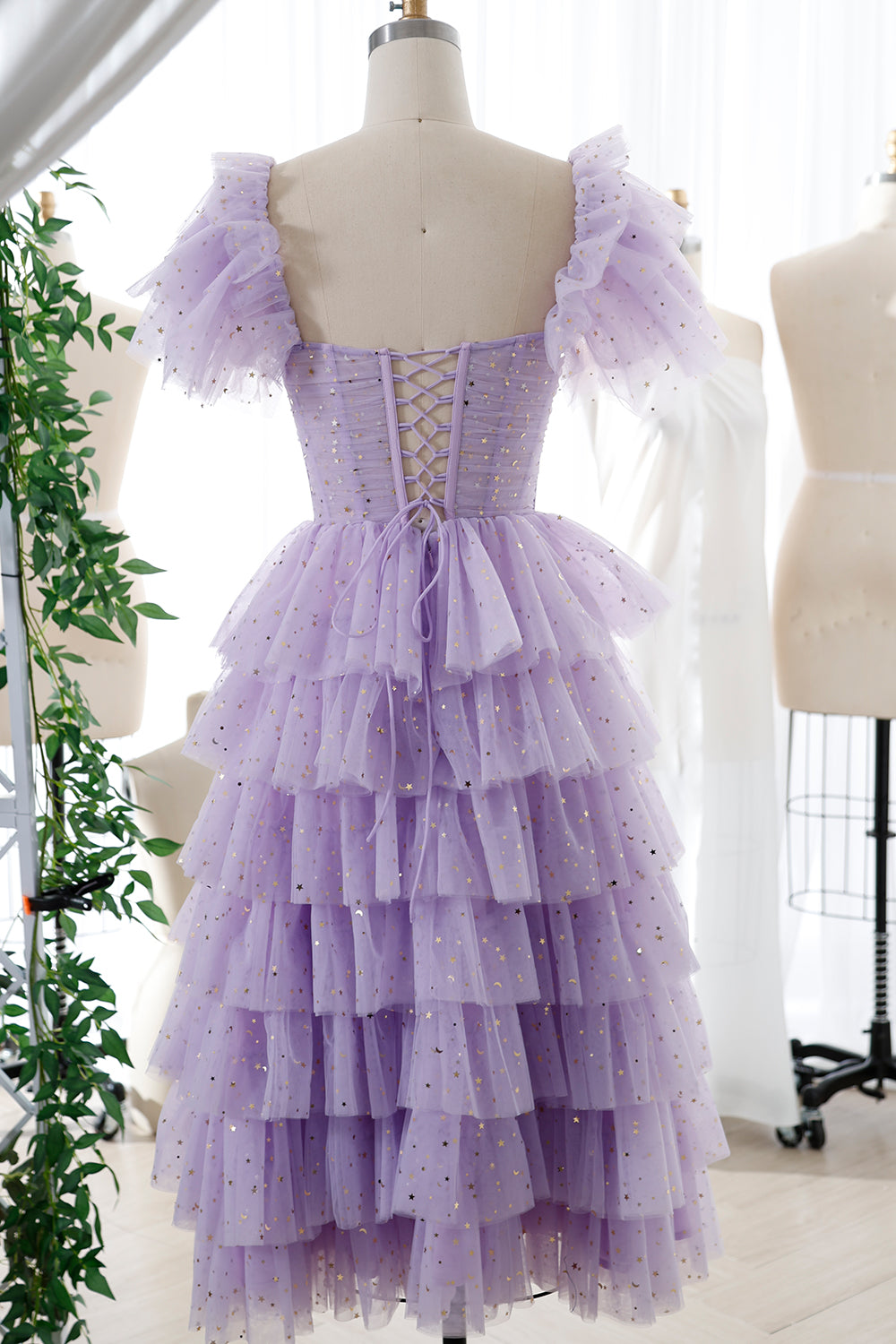 Corset Straps Tiered Star Tulle Lavender Midi Dress