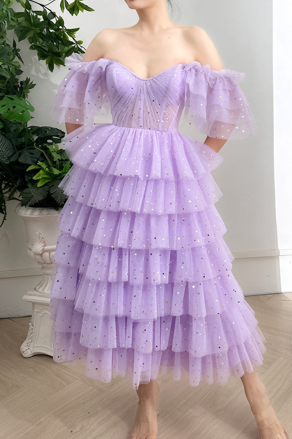 Corset Straps Tiered Star Tulle Lavender Midi Dress