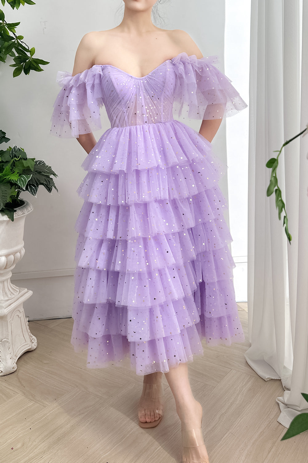 Corset Straps Tiered Star Tulle Lavender Midi Dress