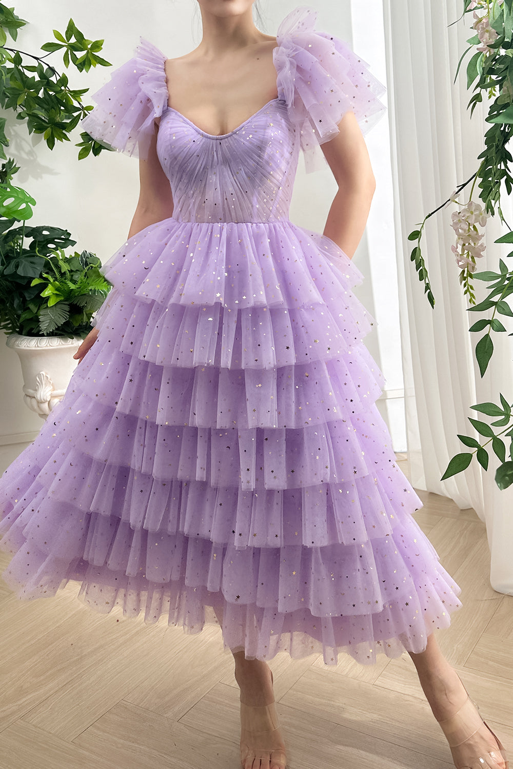 Corset Straps Tiered Star Tulle Lavender Midi Dress