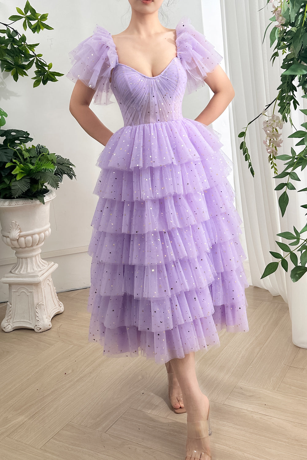 Corset Straps Tiered Star Tulle Lavender Midi Dress